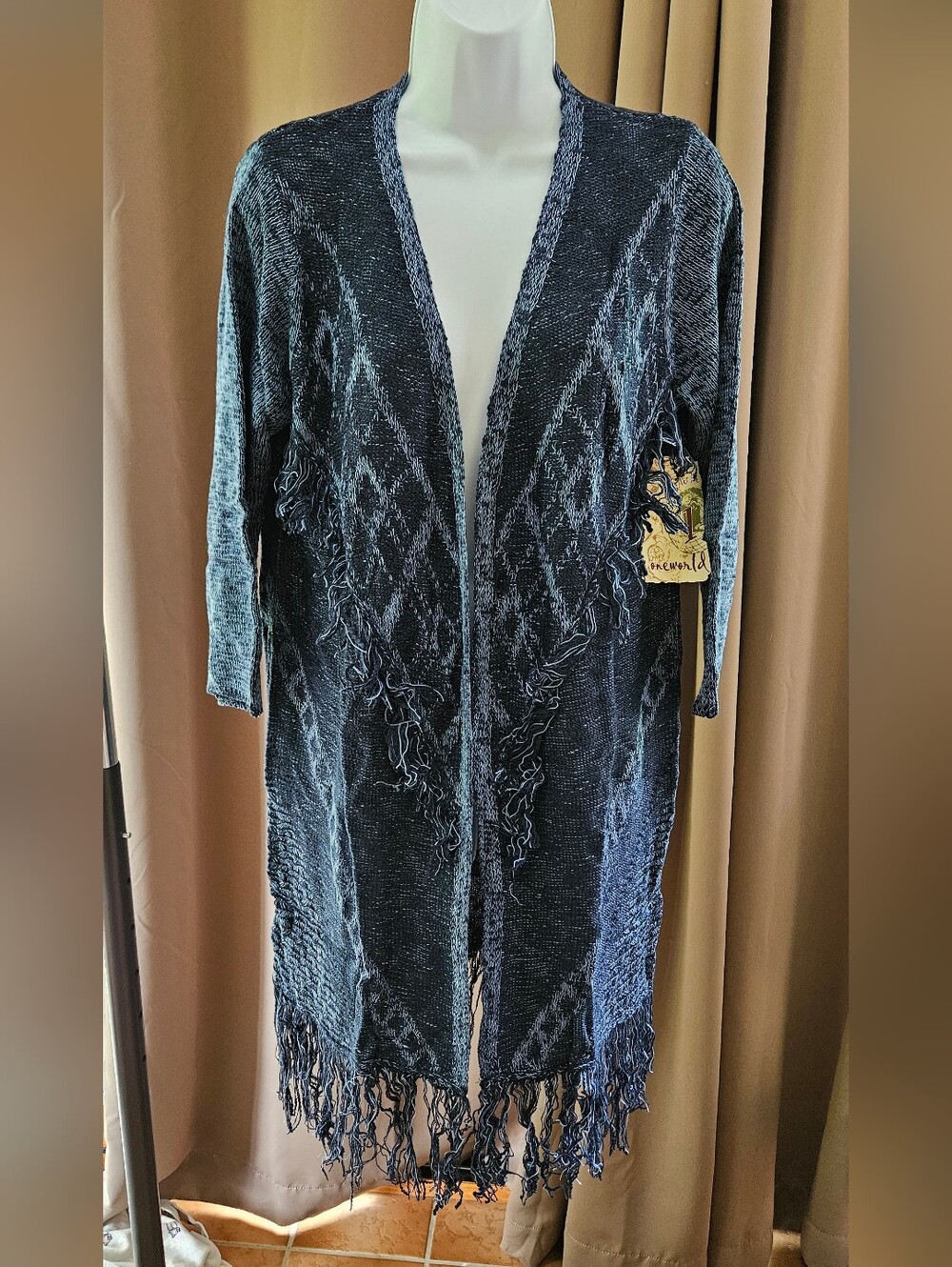 NWT One World Live and Let Live Blue Fringe Aztec Knit Open Cardigan